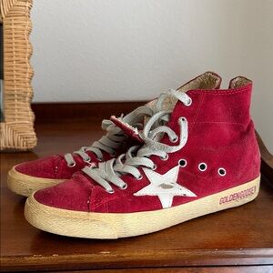 Golden Goose Burgundy High-Top Sneakers with Star